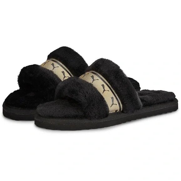 Hard to find PUMA Women's Metallic Fluff REMIX black & gold Slides in size 10 - Picture 1 of 4